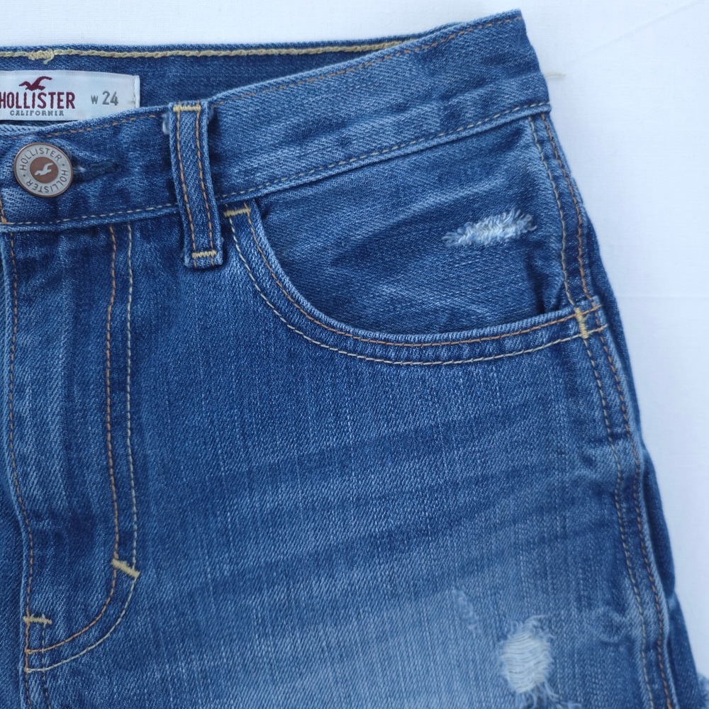 Hollister Women Denim Shorts Size 0 W24 Blue High Rise Distressed Frayed Hem - Picture 6 of 14